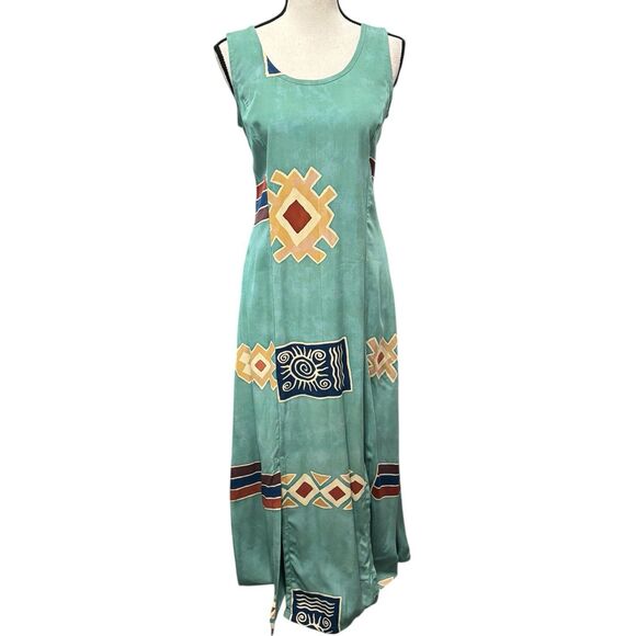 Bali Batiks Dresses & Skirts - Bali Batiks Aztec Print Maxi Dress Sz M Aqua Green 4-Slit Bottom